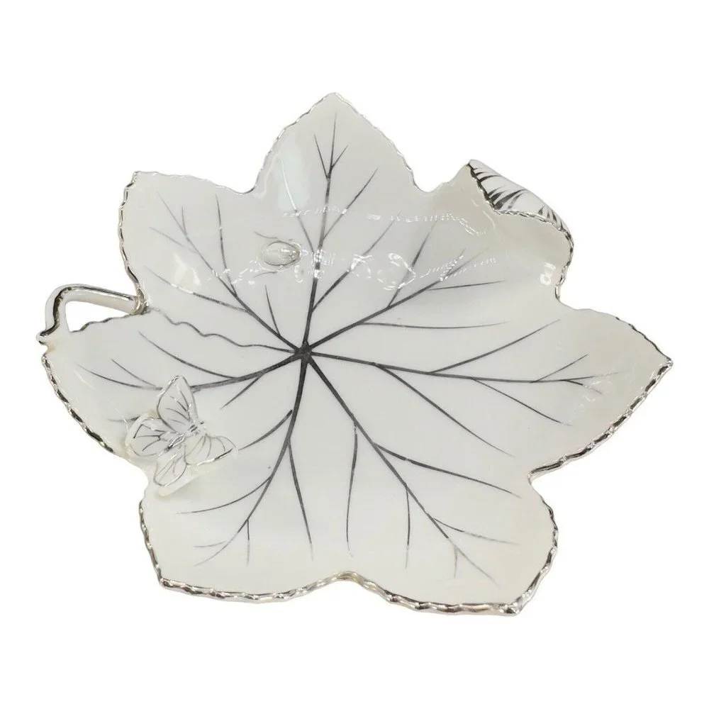 Andrea By Sadek Hand Painted Leaf Dish‎ Bowl Silver Overlay Butterfly And A Bug